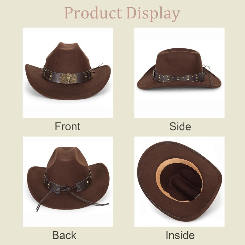 FGSS Classic-Western-Cowboy-Hat Upturn-Brim Felt-Cowgirl-Hat Rodeo-Hats with Belt for Women Men (Fit for 22.4-23.2") - Image 3